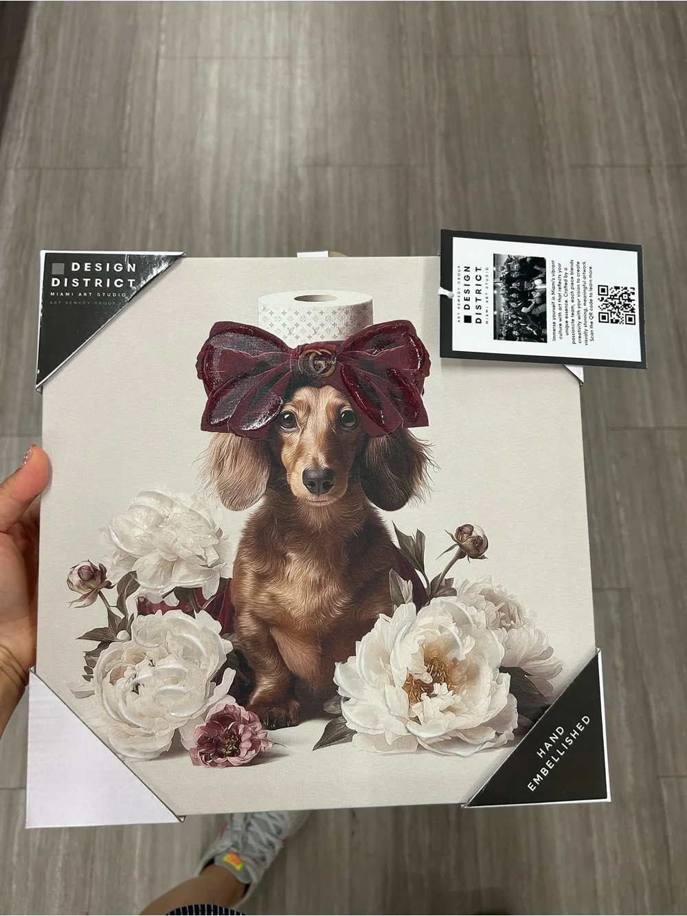 Dachshund Floral Canvas Wall Art with Burgundy Bow